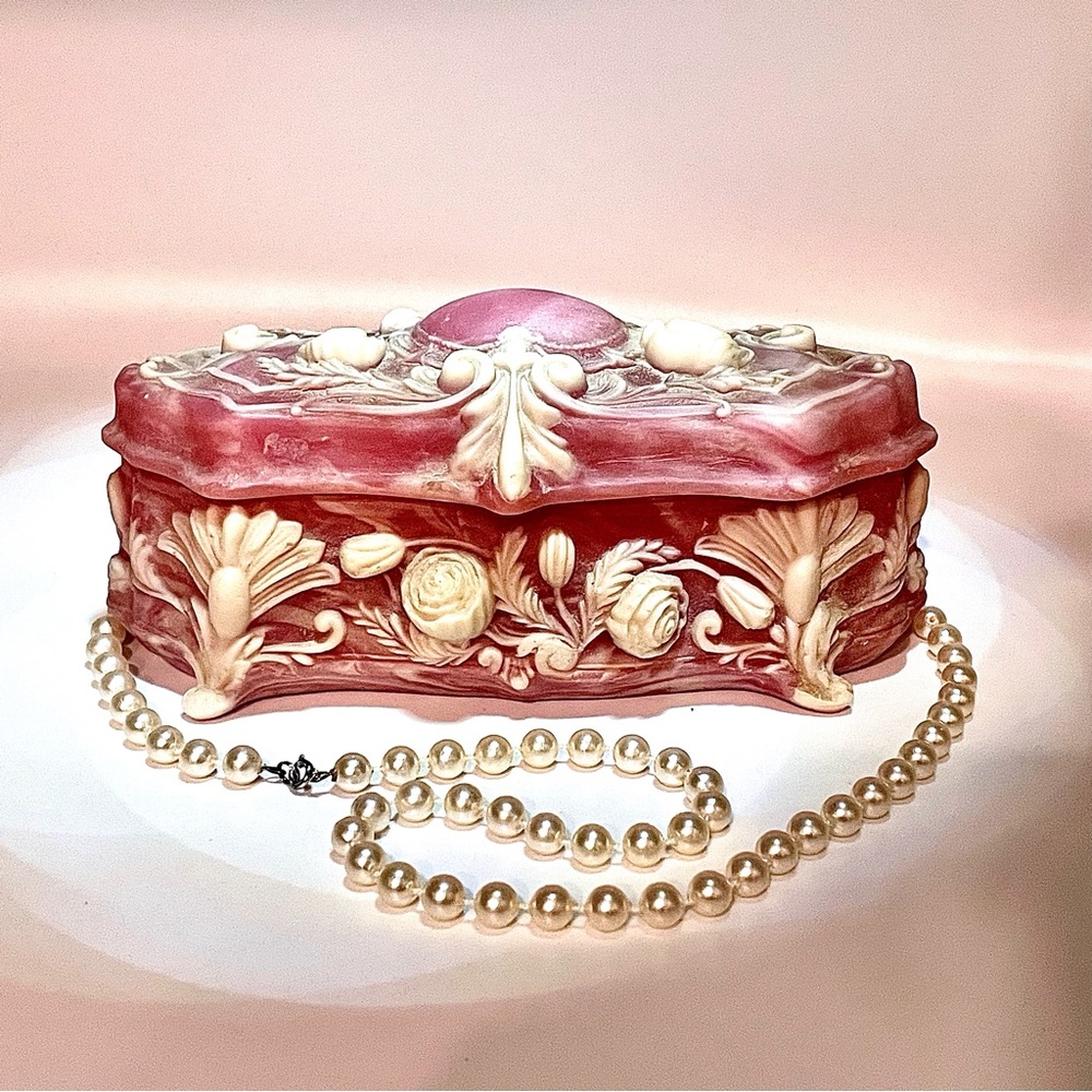 SOLD: Vintage Genuine Incolay Stone Jewelry Box + Faux Pearl Necklace Gift Set